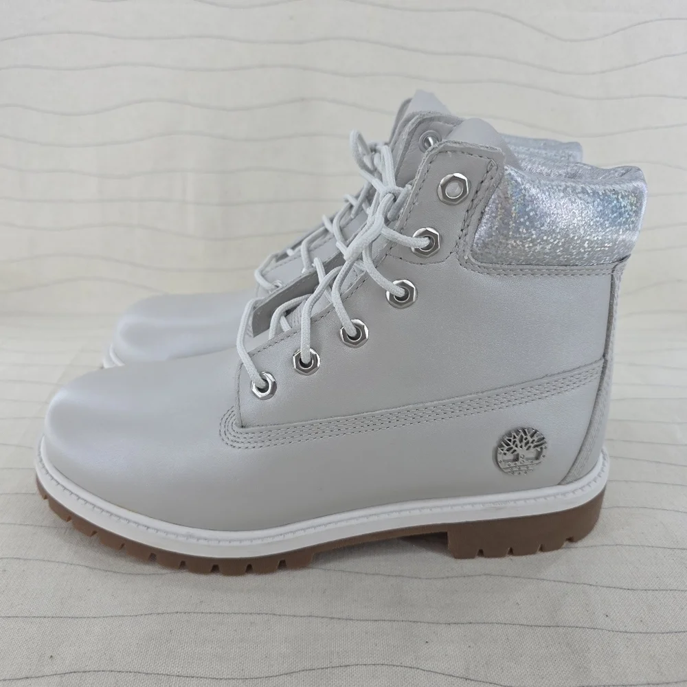 Timberland Girls Boots ReBOTL Metallic Gray Collar 6 Inch Leather A5SUW Sz 6 EUC